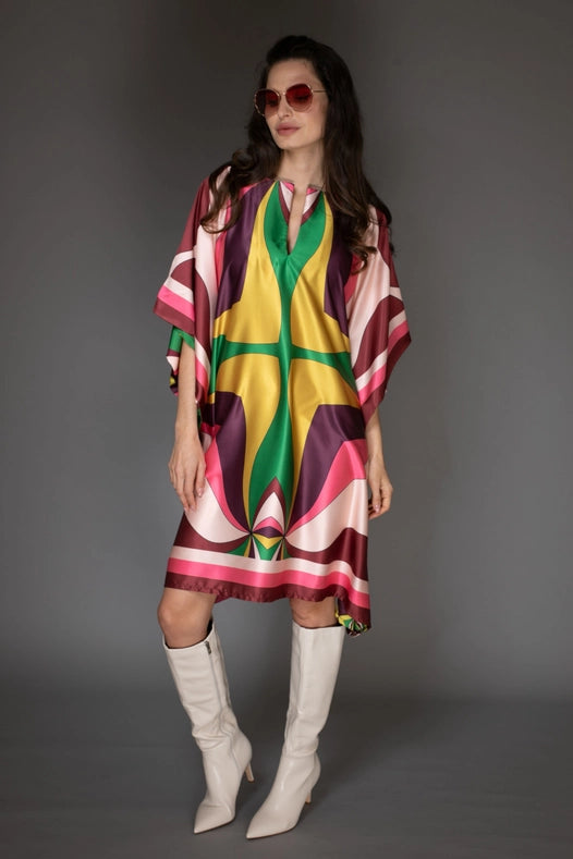 Pink Abstract Print Short Satin Kaftan Dress-Dress-Nuvula-S-Pink Multi-Urbanheer