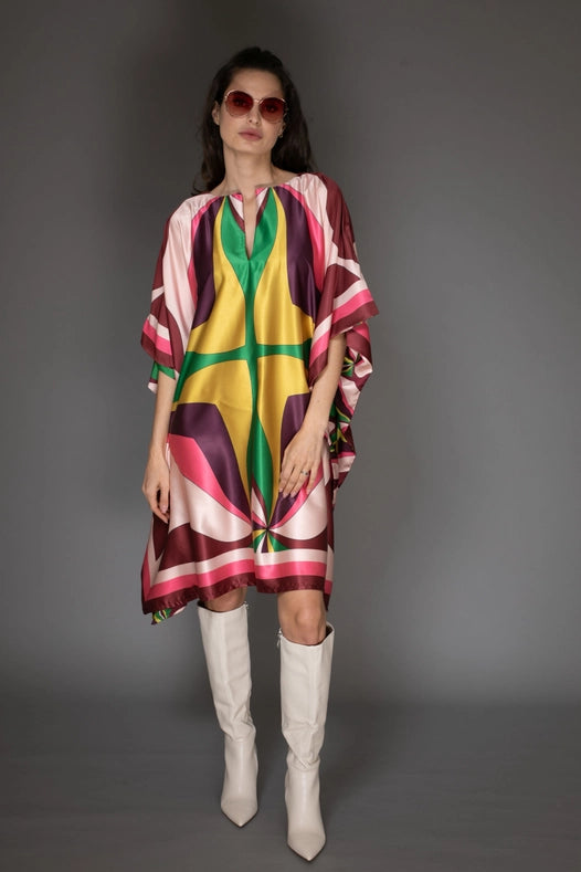 Pink Abstract Print Short Satin Kaftan Dress-Dress-Nuvula-S-Pink Multi-Urbanheer