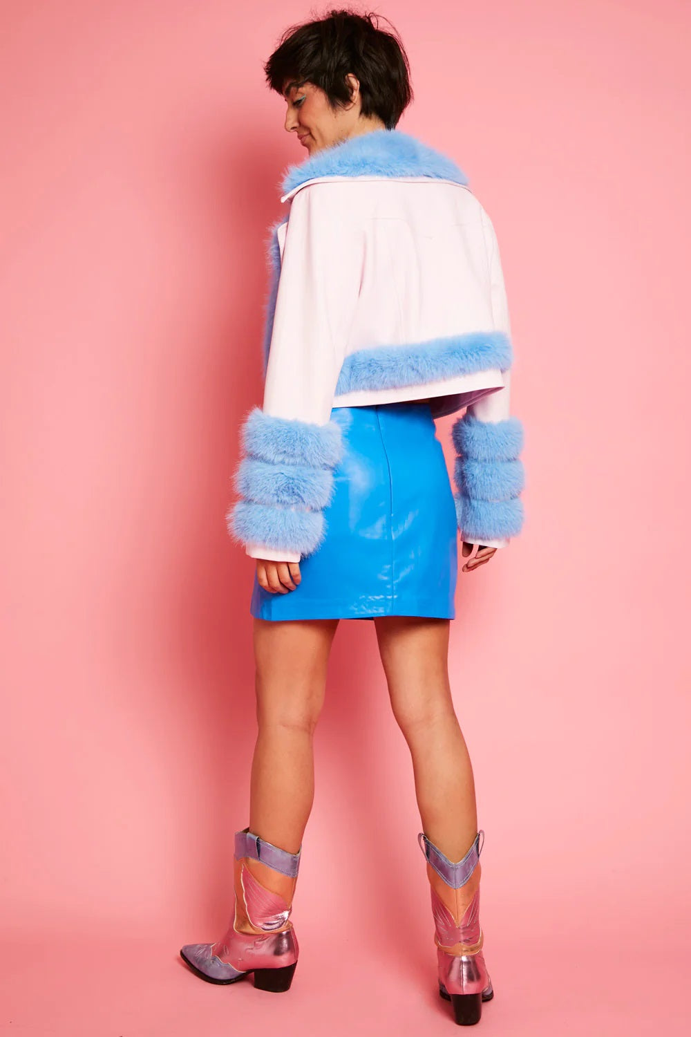 Pink Blue Faux Leather Faux Fur Biker Jacket-Faux Leather Jackets-Buy Me Fur Ltd-S-M-Pink / Blue-Faux Leather-Urbanheer