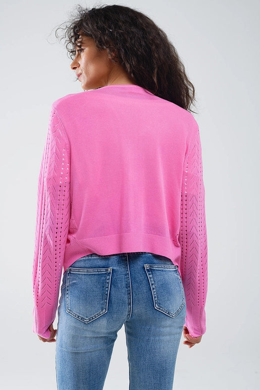 Pink Cardigan with Argyle Print and Tie Closing-Cardigan-Q2-OS-Fuchsia-Urbanheer