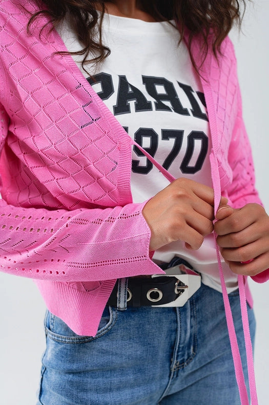 Pink Cardigan with Argyle Print and Tie Closing-Cardigan-Q2-OS-Fuchsia-Urbanheer