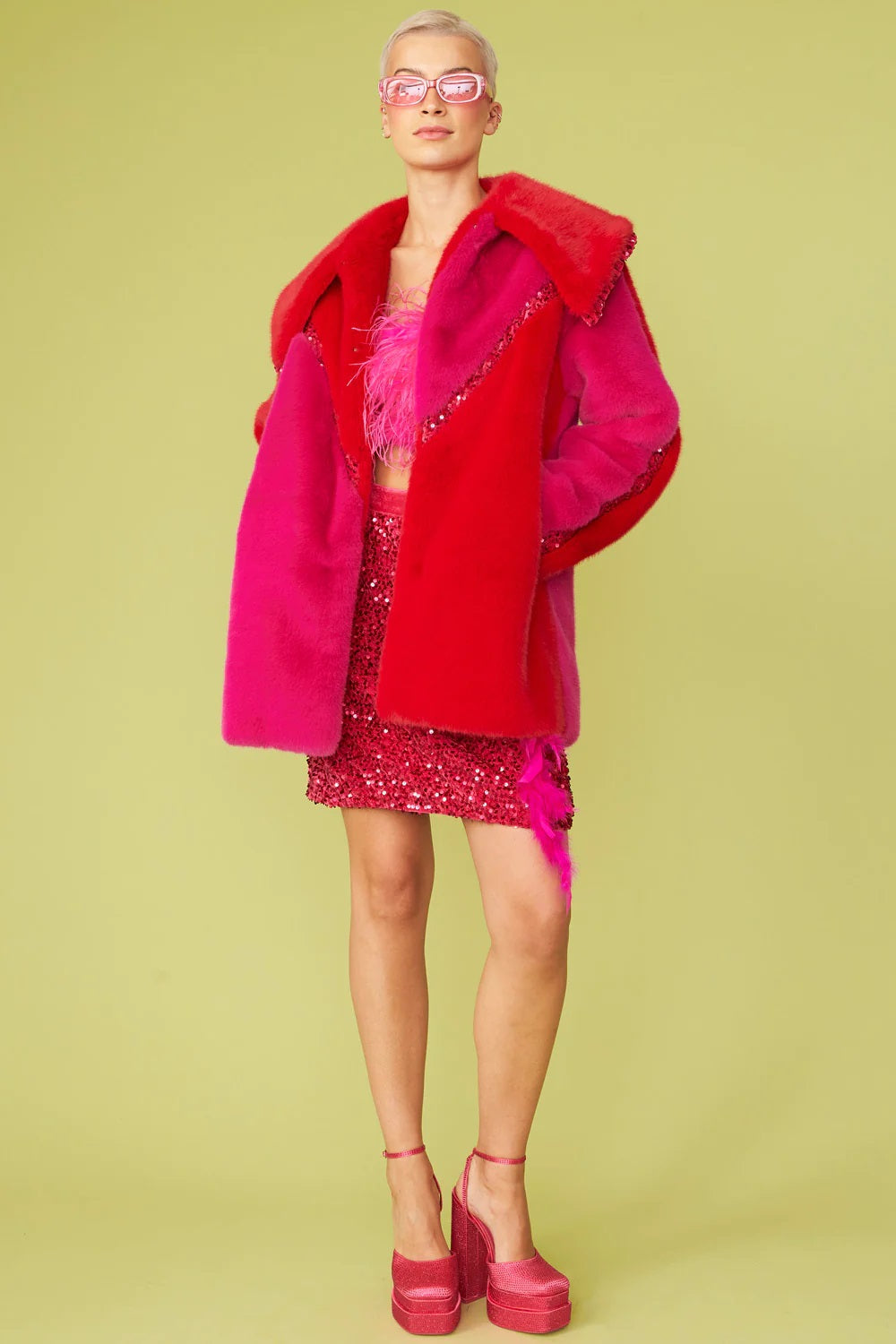 Pink Eco Faux Fur Midi Sequins Star Coat-Faux Fur Coats-Buy Me Fur Ltd-S-M-Pink-Faux Fur-Urbanheer