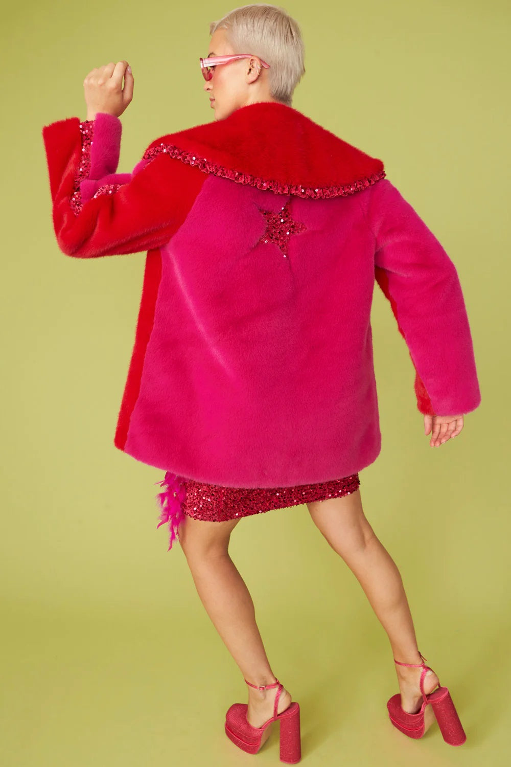 Pink Eco Faux Fur Midi Sequins Star Coat-Faux Fur Coats-Buy Me Fur Ltd-S-M-Pink-Faux Fur-Urbanheer