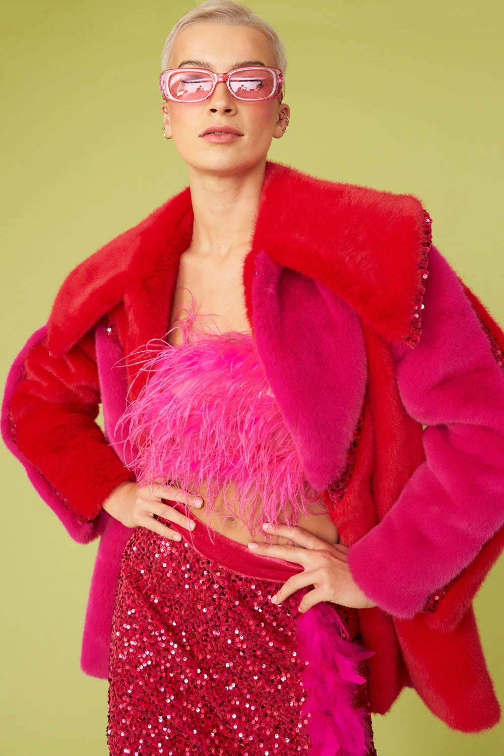 Pink Eco Faux Fur Midi Sequins Star Coat-Faux Fur Coats-Buy Me Fur Ltd-S-M-Pink-Faux Fur-Urbanheer