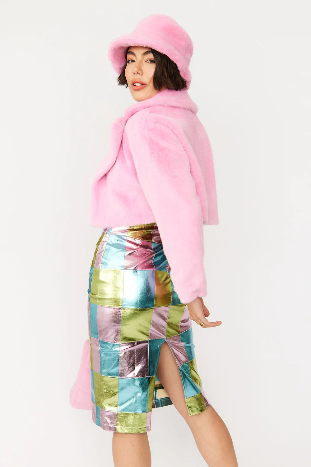 Pink Faux Fur Cropped Jacket-Faux Fur Coats-Buy Me Fur Ltd-L-XL-Pink-Faux Fur-Urbanheer