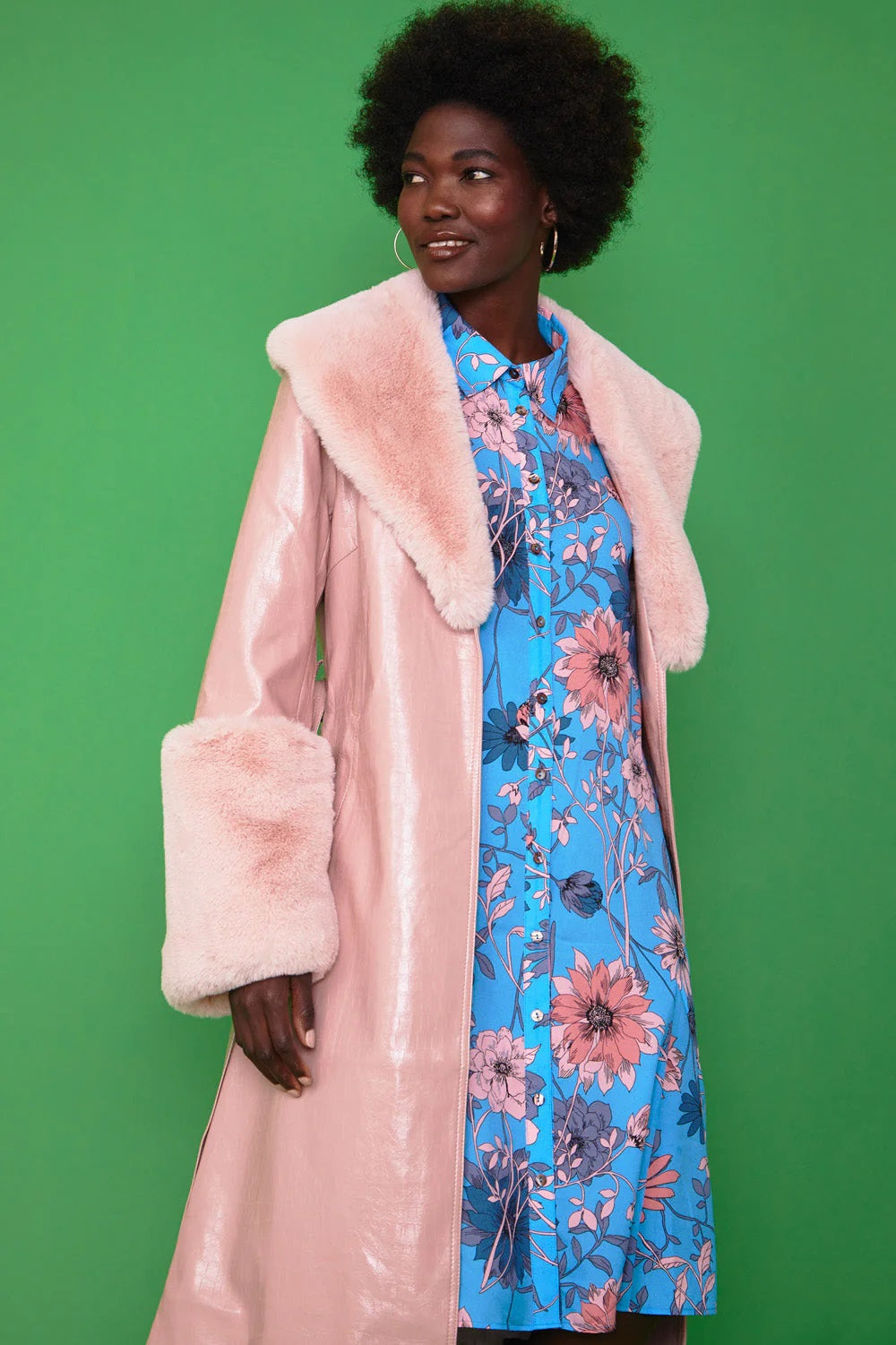 Pink Faux Leather Jacket with Detachable Faux Fur Cuffs and Collar-Faux Leather Coats-Buy Me Fur Ltd-L-XL-Pink-Faux Leather-Urbanheer