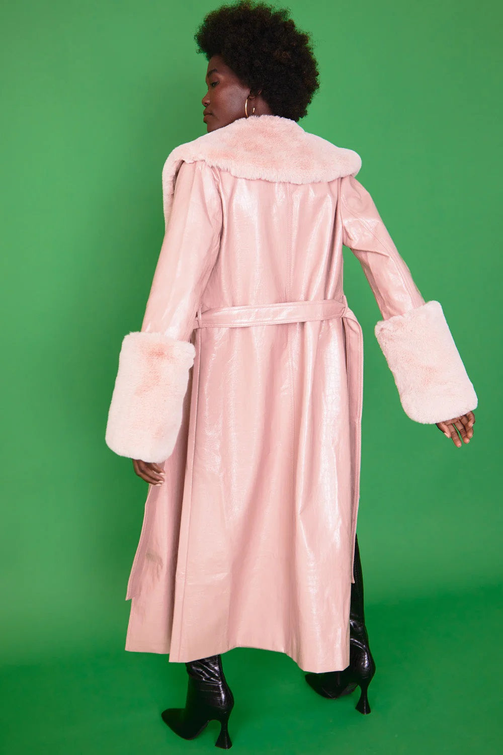 Pink Faux Leather Jacket with Detachable Faux Fur Cuffs and Collar-Faux Leather Coats-Buy Me Fur Ltd-L-XL-Pink-Faux Leather-Urbanheer