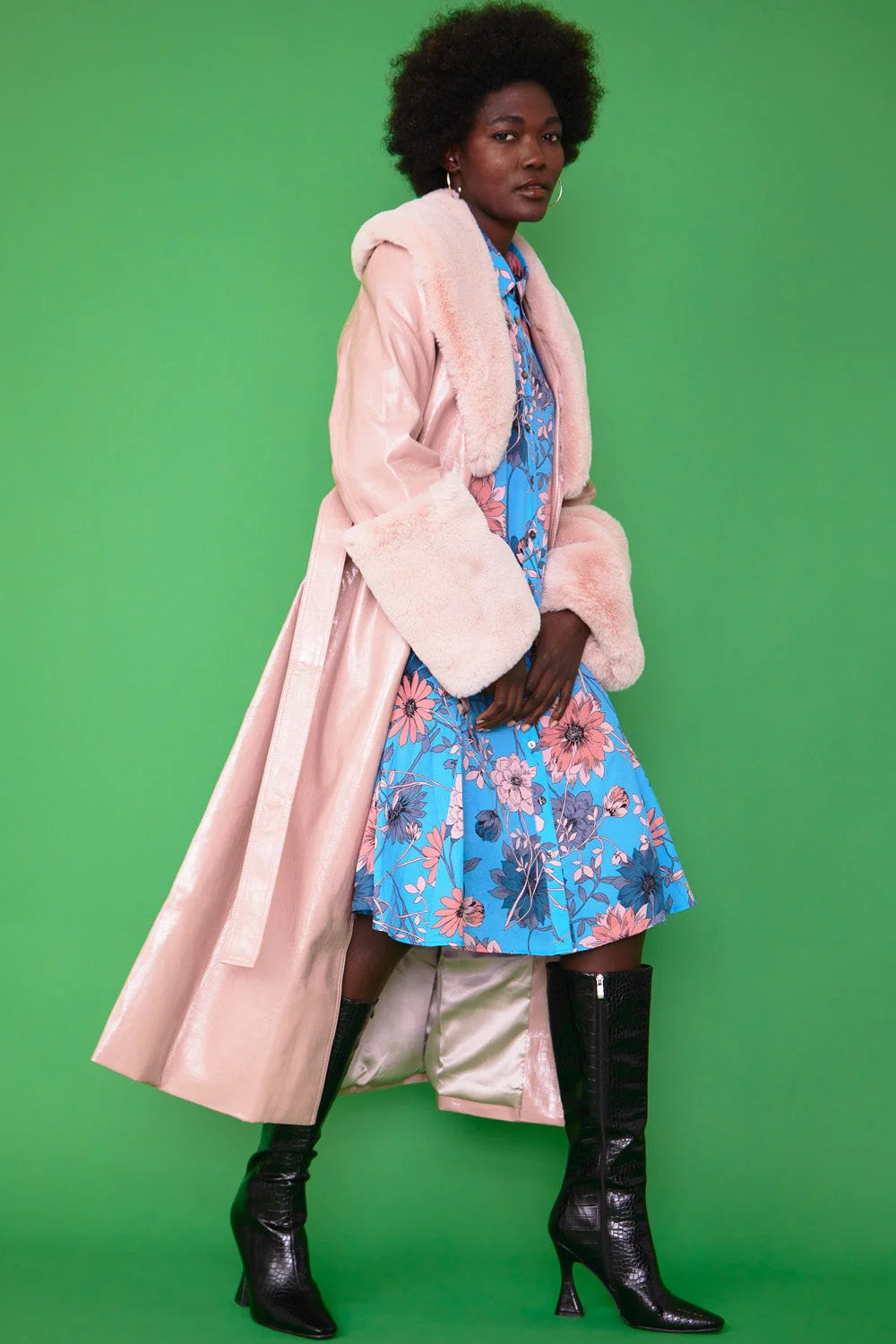 Pink Faux Leather Jacket with Detachable Faux Fur Cuffs and Collar-Faux Leather Coats-Buy Me Fur Ltd-L-XL-Pink-Faux Leather-Urbanheer