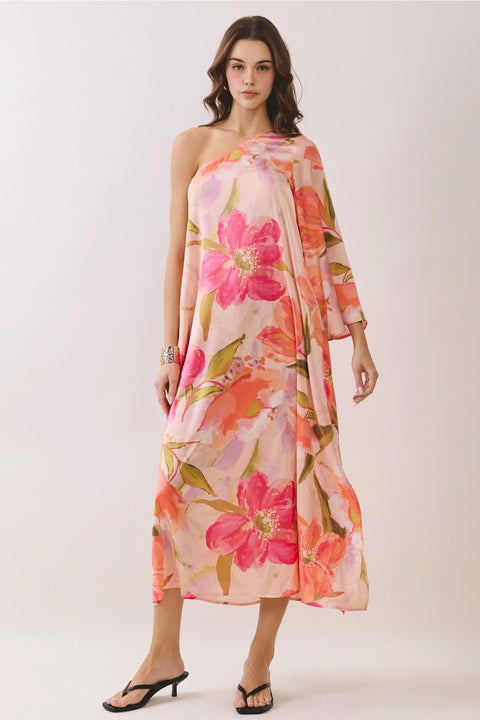 Pink Floral Print One Shoulder Maxi Dress