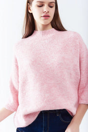 Pink Fluffy Sweater with Three-Quarter Sleeves and Round Neck-Sweater-Q2-S-PINK-Urbanheer