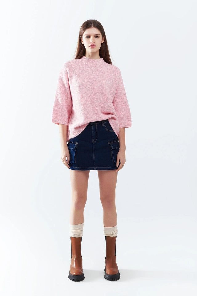 Pink Fluffy Sweater with Three-Quarter Sleeves and Round Neck-Sweater-Q2-S-PINK-Urbanheer