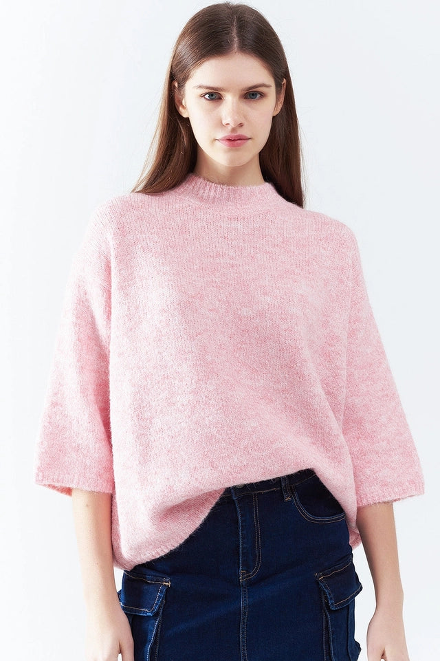 Pink Fluffy Sweater with Three-Quarter Sleeves and Round Neck-Sweater-Q2-S-PINK-Urbanheer