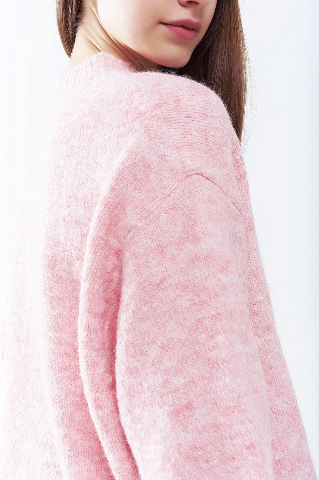 Pink Fluffy Sweater with Three-Quarter Sleeves and Round Neck-Sweater-Q2-S-PINK-Urbanheer
