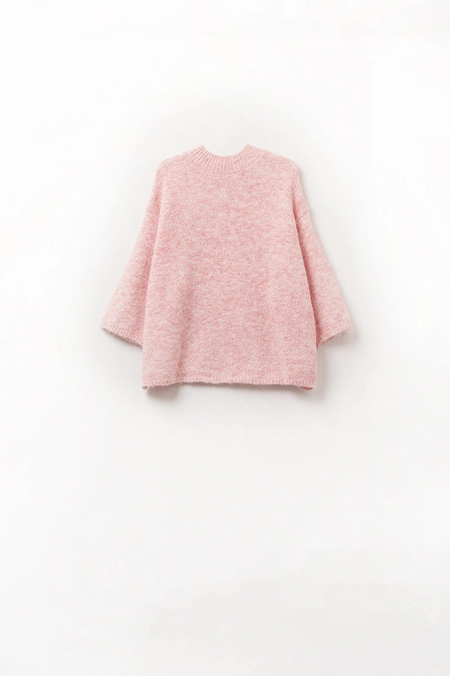 Pink Fluffy Sweater with Three-Quarter Sleeves and Round Neck-Sweater-Q2-S-PINK-Urbanheer