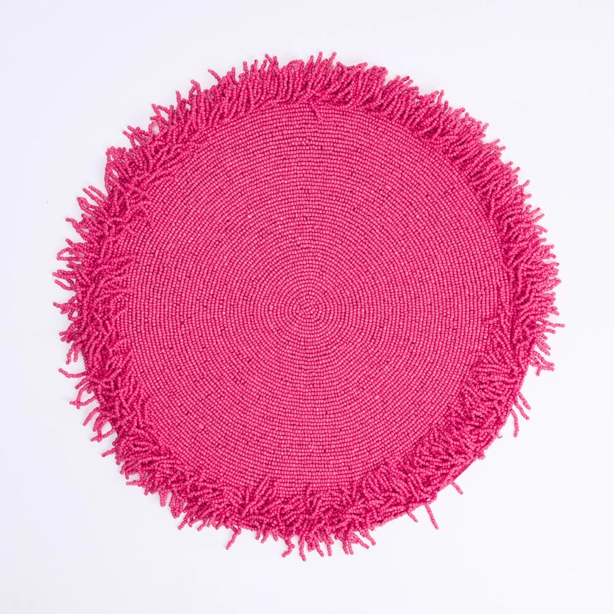 Pink Fringe Beaded Placemat-Placemat-Tiramisu-15 x 15 x 0.2 in (38.1 x 38.1 x 0.5 cm)-Urbanheer