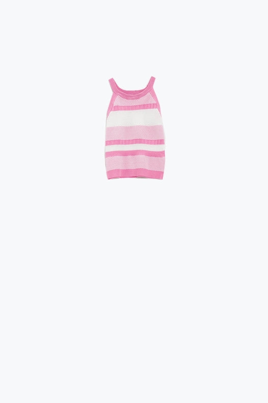 Pink Halter Tank Top with Stripe Design in Different Knits-Tank Top-Q2-OS-Pink-Urbanheer