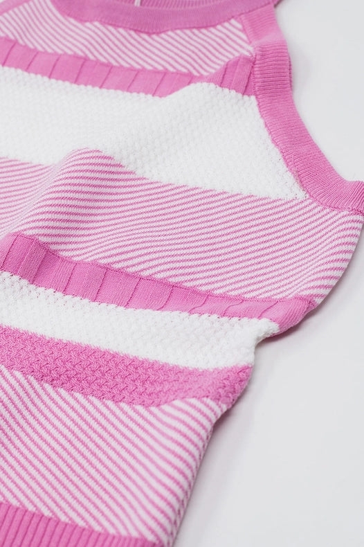 Pink Halter Tank Top with Stripe Design in Different Knits-Tank Top-Q2-OS-Pink-Urbanheer