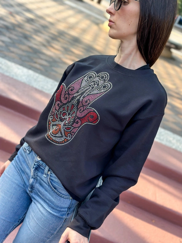 Pink Hamsa Black Sweatshirt-Sweatshirt-Moving Forward Designs-XS-Urbanheer