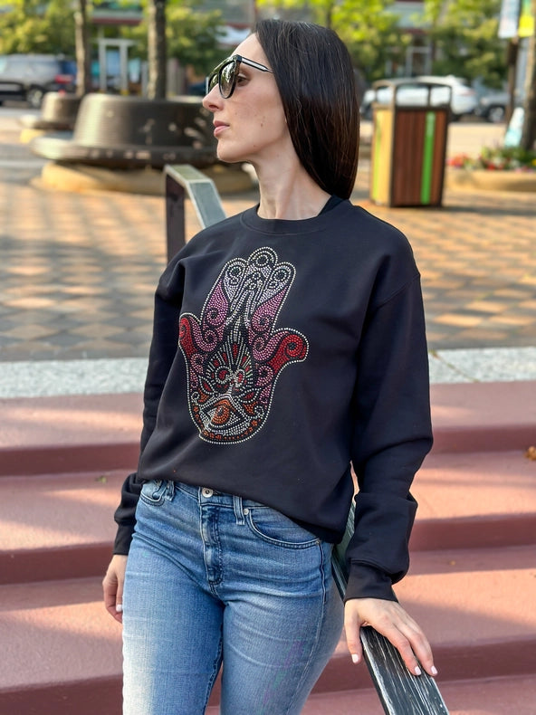 Pink Hamsa Black Sweatshirt-Sweatshirt-Moving Forward Designs-XS-Urbanheer