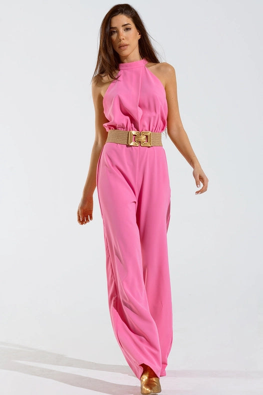 Pink Jumpsuits With Top Crossed And High Collar-Clothing Jumpsuits-Q2-S-Pink-Urbanheer