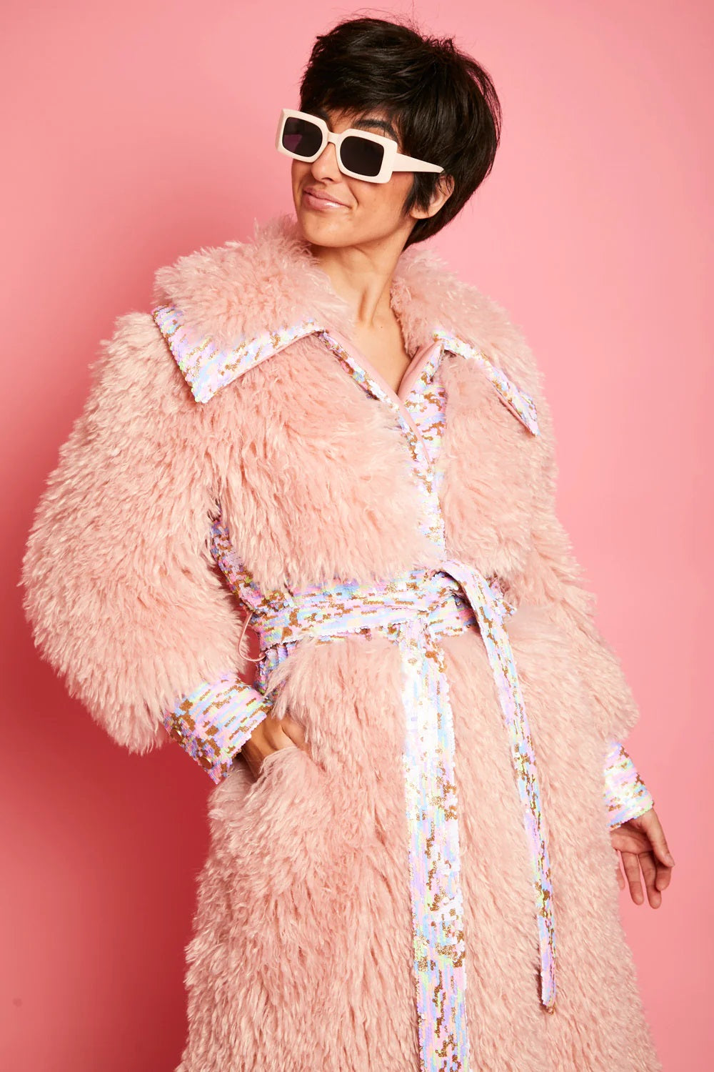 Pink Knitted Bamboo Eco Leather Shearling Coat-Faux Fur Coats-Buy Me Fur Ltd-One Size-Pink-Faux Fur-Urbanheer