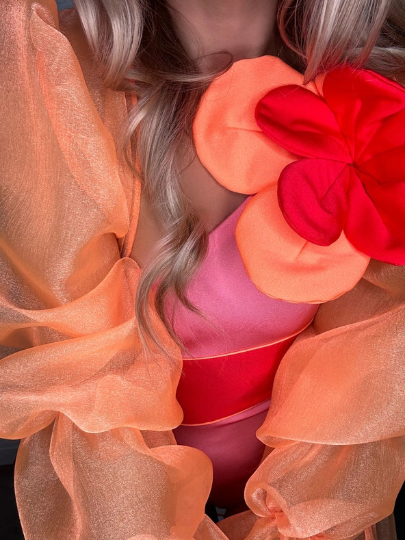 Pink Orange 3 Panel Flower Shoulder Swimsuit-Swimsuit-The Glambassadors-6/8-Pink-Urbanheer