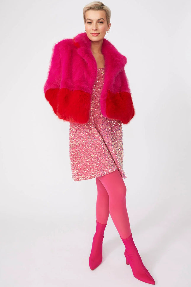 Pink Red Bamboo Faux Fur Double Cropped Coat-0