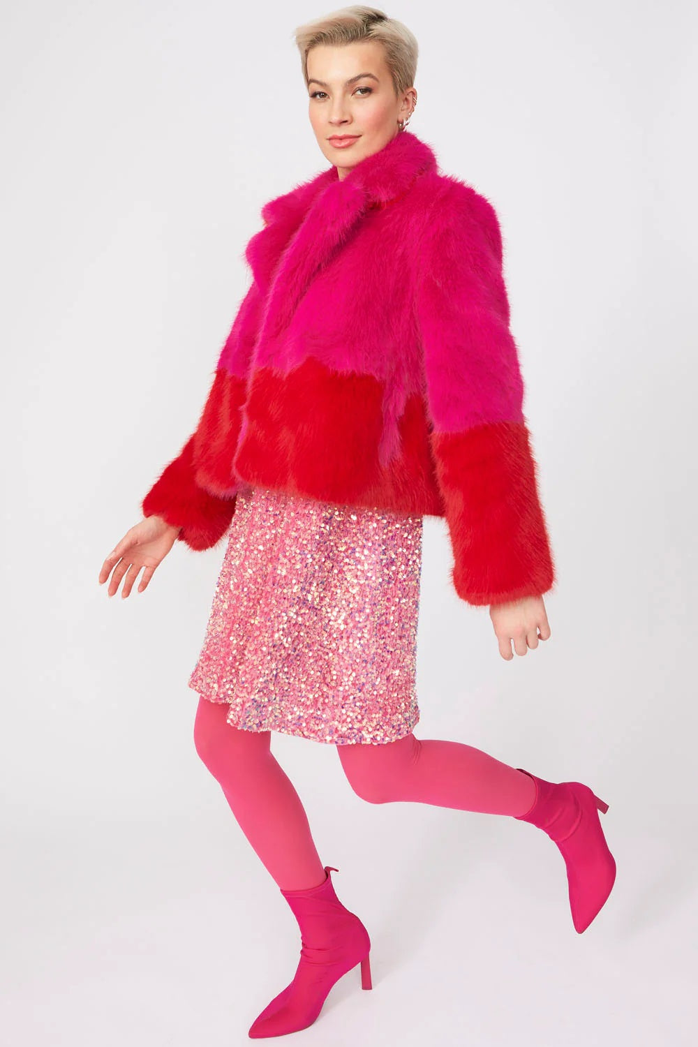 Pink Red Bamboo Faux Fur Double Cropped Coat-Faux Fur Coats-Buy Me Fur Ltd-S-M-Pink-Faux Fur-Urbanheer