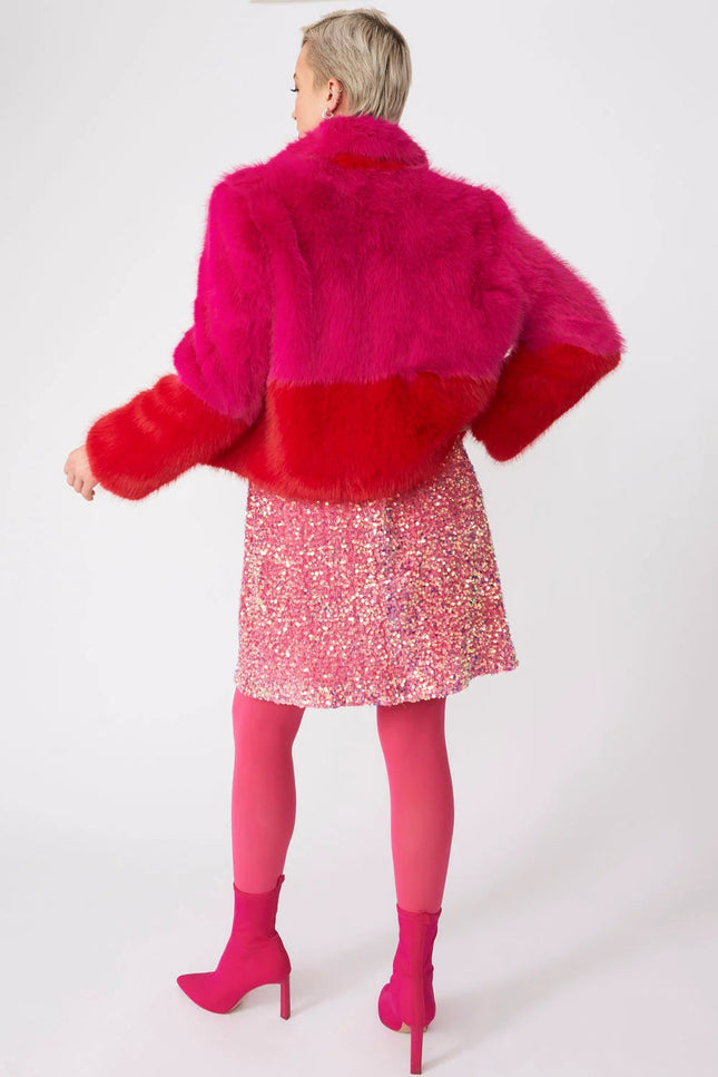 Pink Red Bamboo Faux Fur Double Cropped Coat-2