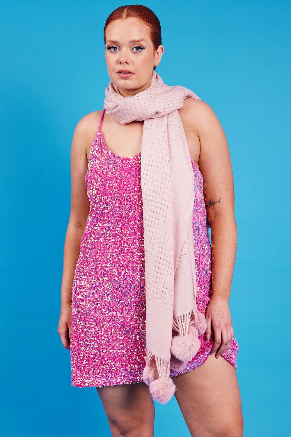 Pink Sequin Curve Size Cami Ruffle Dress-Cami Dresses-Buy Me Fur Ltd-Pink-Curve-Polyester - Elastane - Viscose Blend-Urbanheer