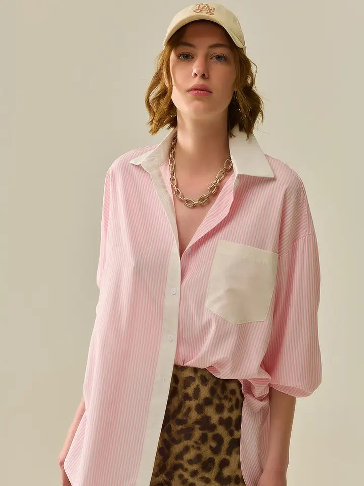 Pink Striped Shirt with Pocket and White Collar-Shirt-Q2-S-PINK-Urbanheer