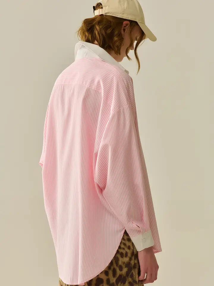 Pink Striped Shirt with Pocket and White Collar-Shirt-Q2-S-PINK-Urbanheer