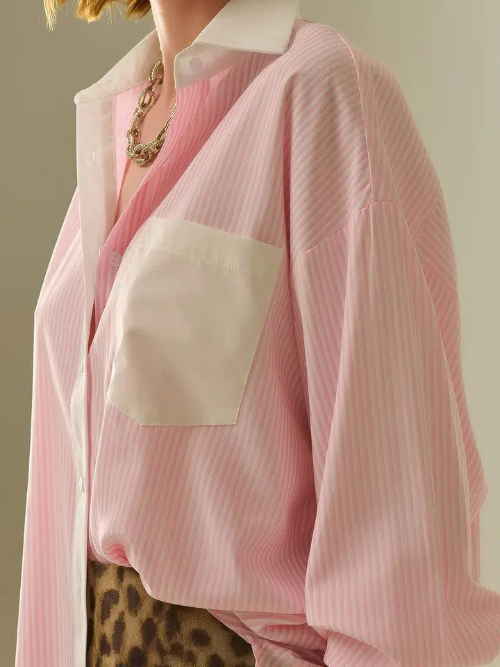 Pink Striped Shirt with Pocket and White Collar-Shirt-Q2-S-PINK-Urbanheer