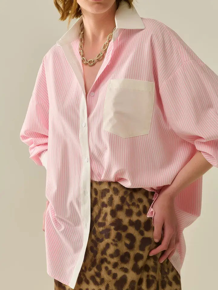 Pink Striped Shirt with Pocket and White Collar-Shirt-Q2-S-PINK-Urbanheer