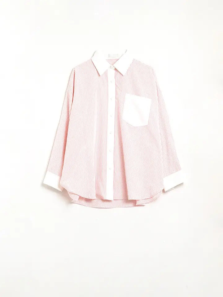 Pink Striped Shirt with Pocket and White Collar-Shirt-Q2-S-PINK-Urbanheer