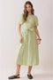 Pintuck Detail Puff Sleeve Tie-Waist Midi Dress