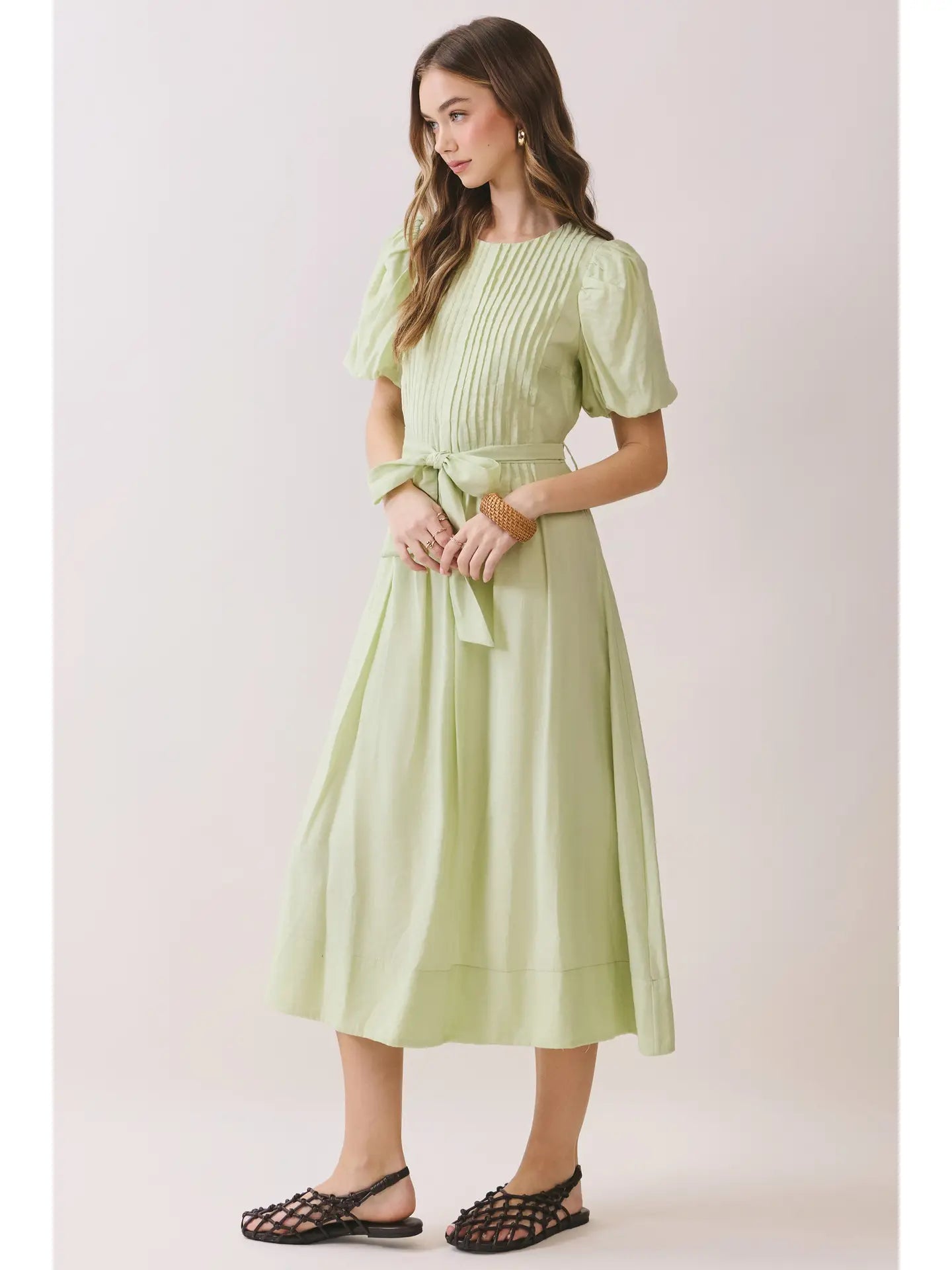 Pintuck Detail Puff Sleeve Tie-Waist Midi Dress
