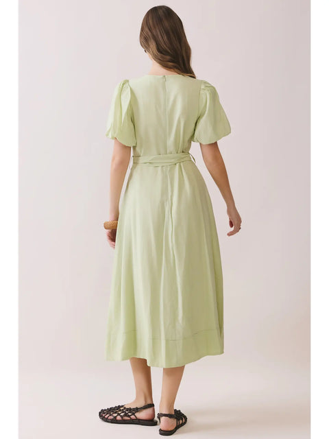 Pintuck Detail Puff Sleeve Tie-Waist Midi Dress