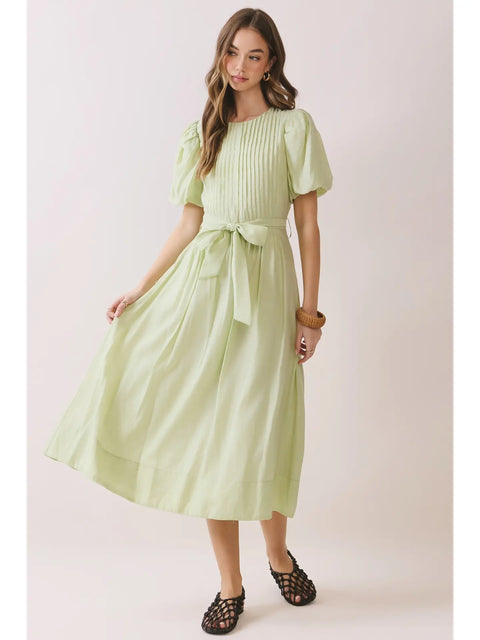 Pintuck Detail Puff Sleeve Tie-Waist Midi Dress