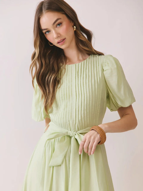 Pintuck Detail Puff Sleeve Tie-Waist Midi Dress
