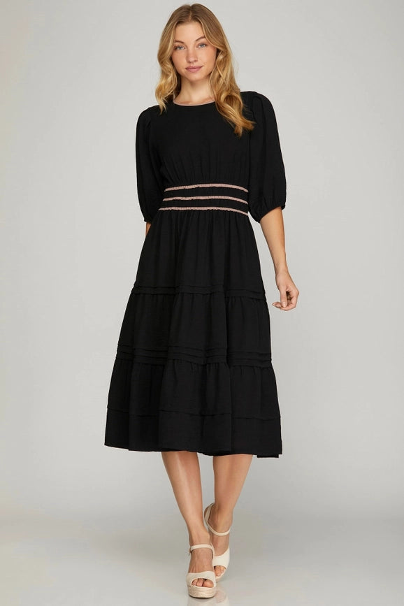 Pintuck Tiered Woven Midi Dress-Dress-Peace Love Line-S-BLACK-Urbanheer