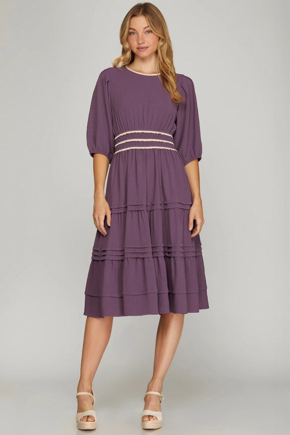 Pintuck Tiered Woven Midi Dress-Dress-Peace Love Line-S-MISTY PURPLE-Urbanheer
