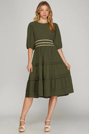 Pintuck Tiered Woven Midi Dress-Dress-Peace Love Line-S-OLIVE-Urbanheer