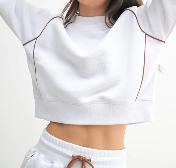 Pipedfleece Cotton Blend Crewneck Sweater-SWEATER-Mono B-S-WHITE/COCOA DUST-Urbanheer