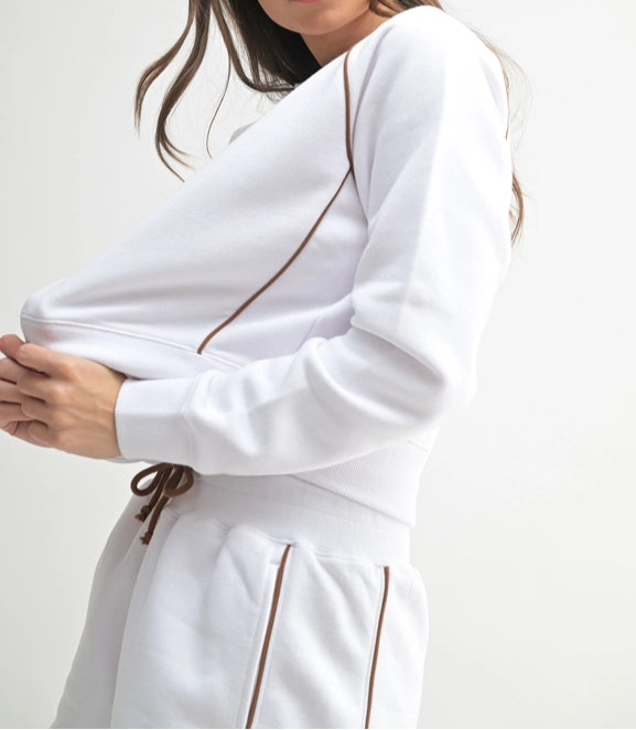 Pipedfleece Cotton Blend Crewneck Sweater-SWEATER-Mono B-S-WHITE/COCOA DUST-Urbanheer