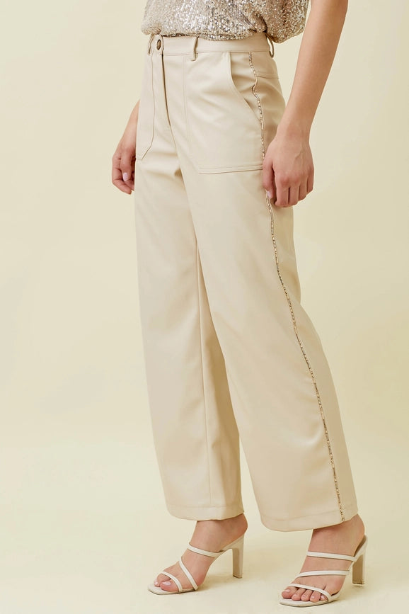 Piping Faux Leather Trousers Ecru-Trousers-Mystree-S-Ecru-Urbanheer