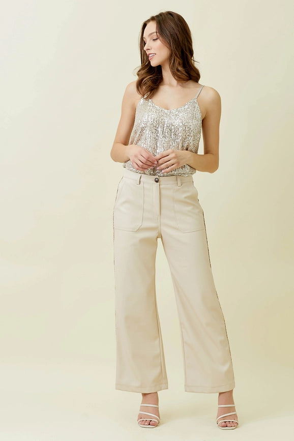 Piping Faux Leather Trousers Ecru-Trousers-Mystree-S-Ecru-Urbanheer