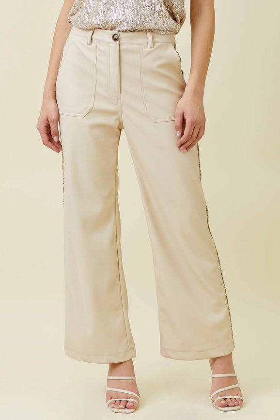 Piping Faux Leather Trousers Ecru-Trousers-Mystree-S-Ecru-Urbanheer