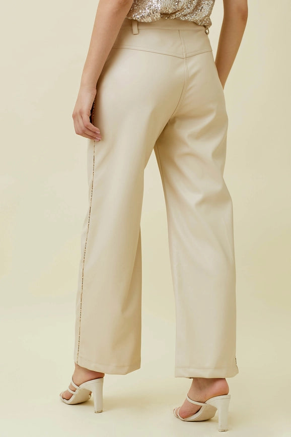 Piping Faux Leather Trousers Ecru-Trousers-Mystree-S-Ecru-Urbanheer