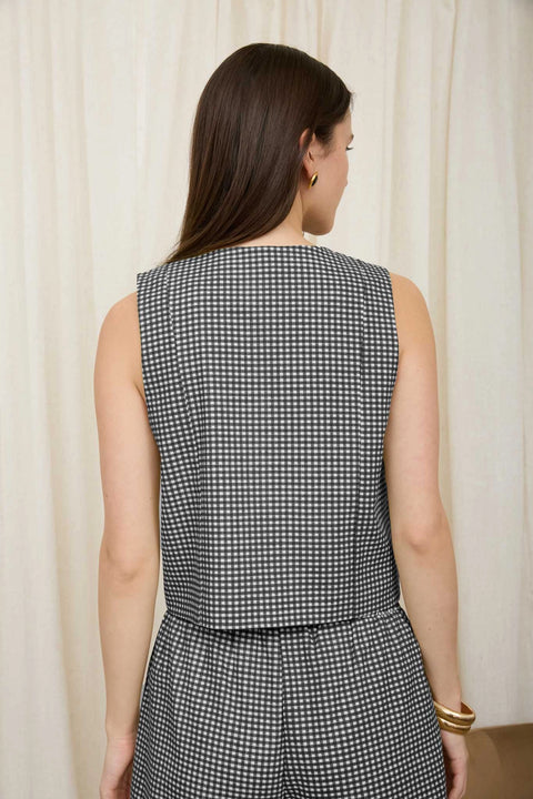 Plaid Button Down Round Neck Sleeveless Top